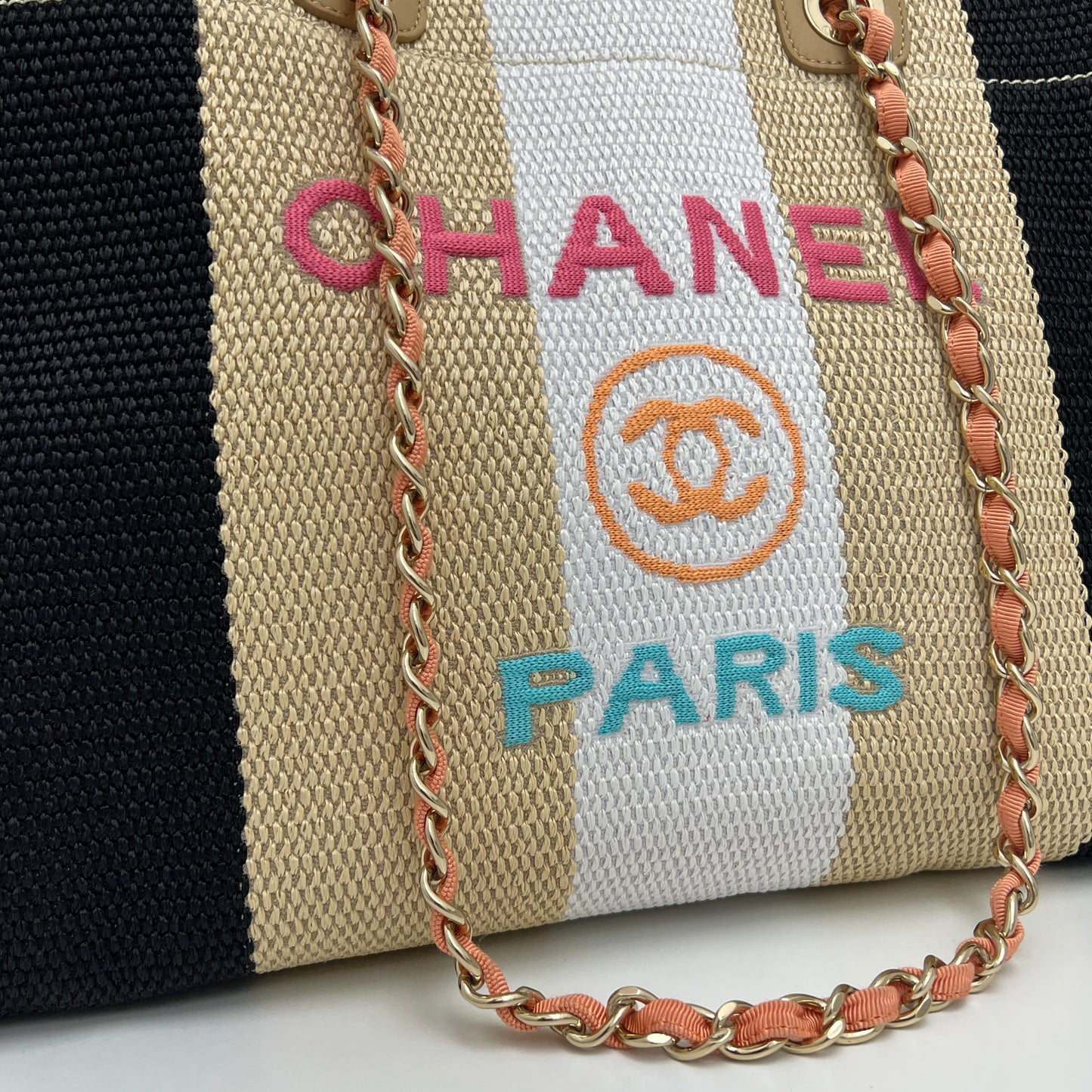 Chanel Straw Raffia Striped Medium Deauville Tote Black Beige Ivory