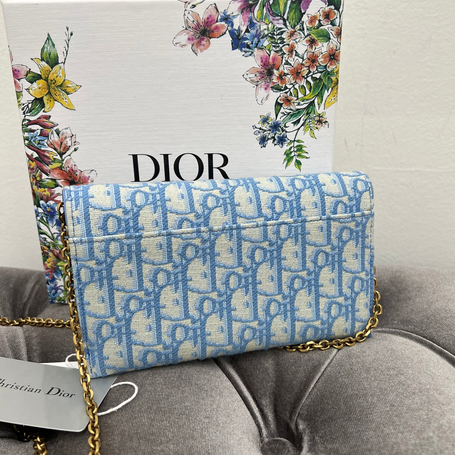 Christian Dior Oblique Saddle Chain Long Wallet Turquoise