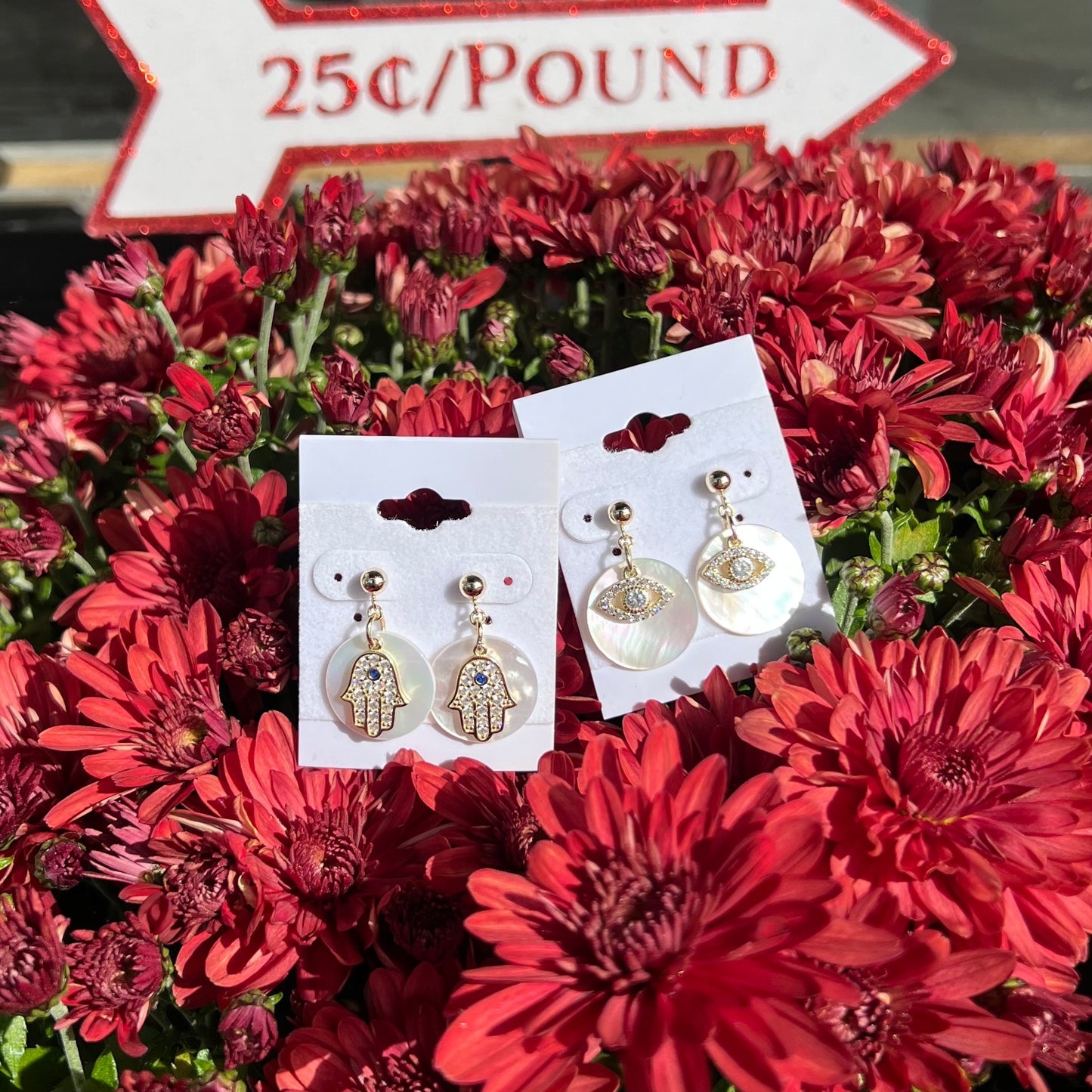 Gold Plated Drop Earrings, Hamsa/ Evil Eye