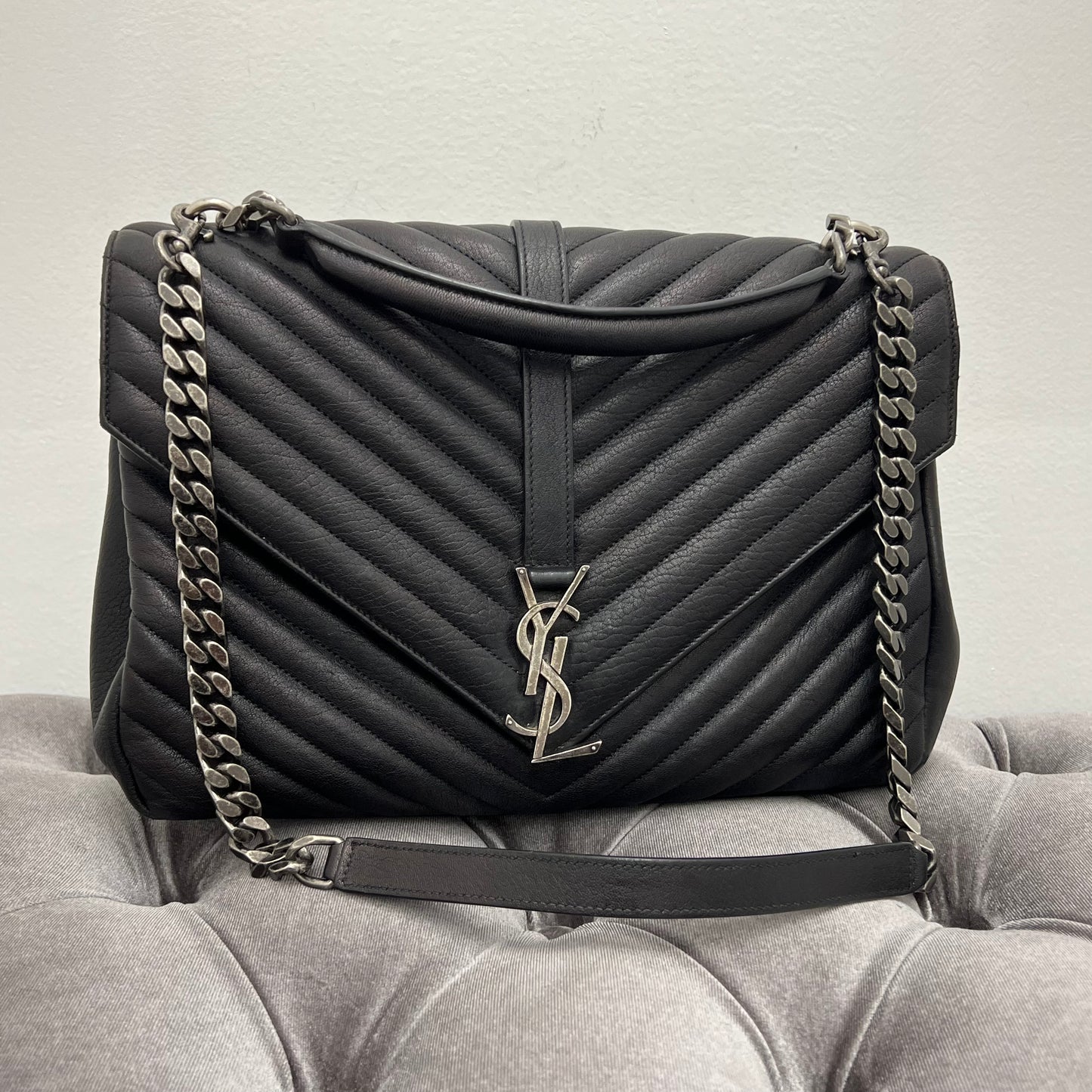 Saint Laurent College Medium YSL Quilted Lambskin V-Flap Crossbody Bag