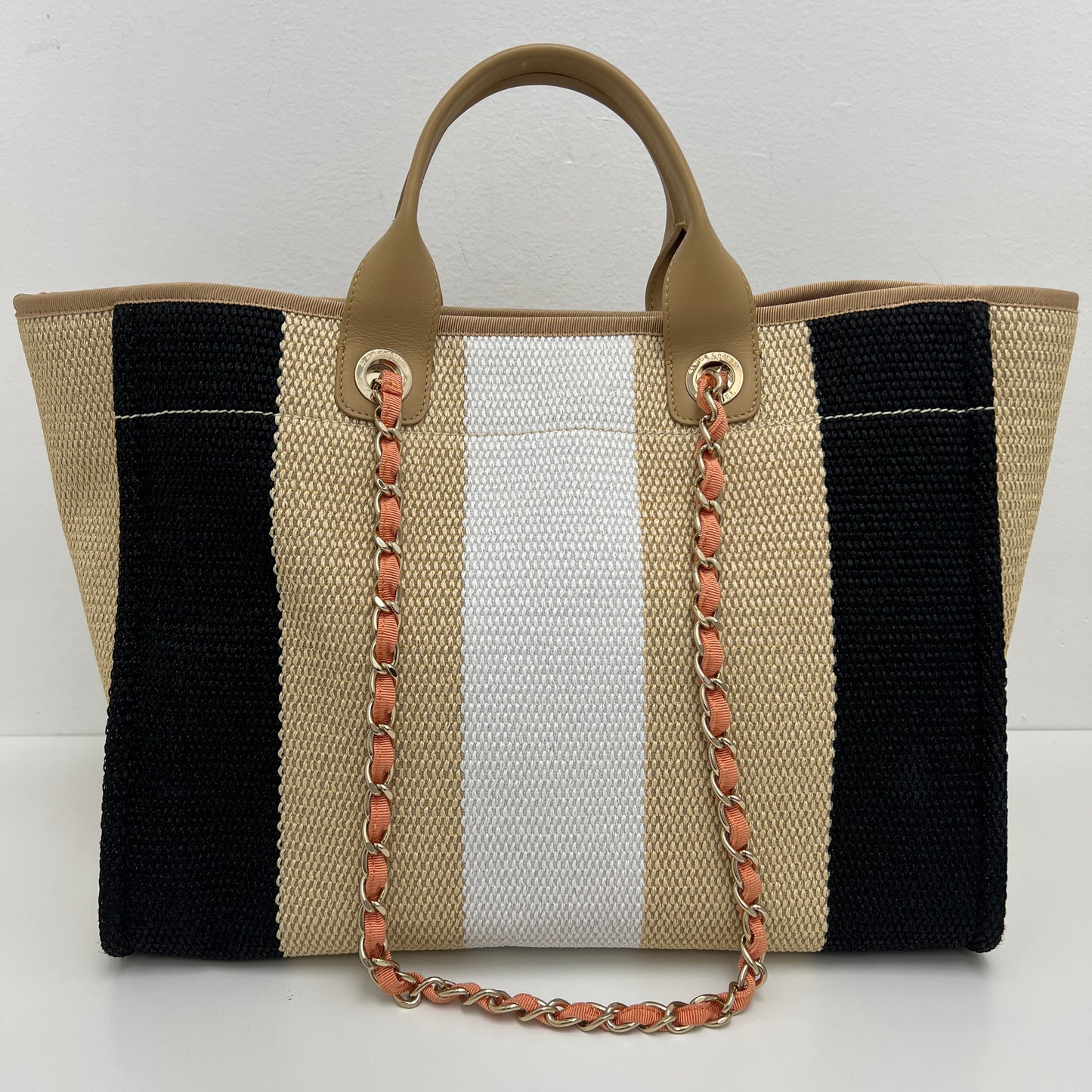 Chanel Straw Raffia Striped Medium Deauville Tote Black Beige Ivory