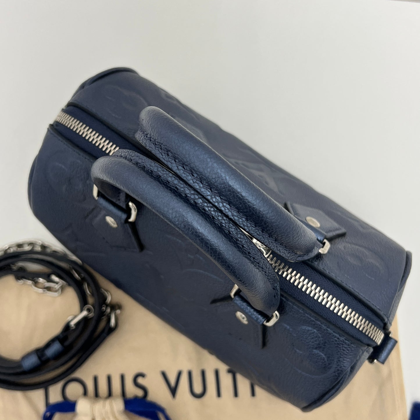 Louis Vuitton Metallic Empreinte Monogram Giant Speedy Bandouliere 20 Navy Nacre