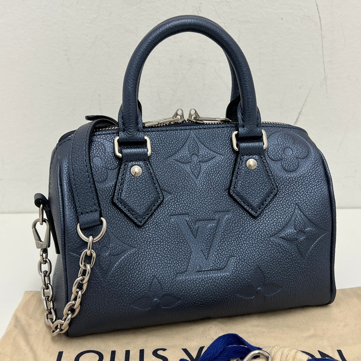 Louis Vuitton Metallic Empreinte Monogram Giant Speedy Bandouliere 20 Navy Nacre
