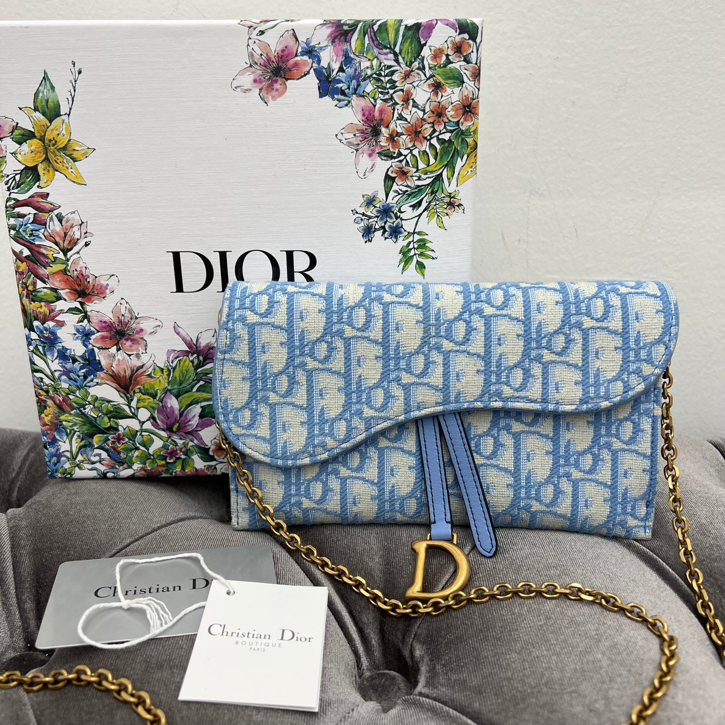 Christian Dior Oblique Saddle Chain Long Wallet Turquoise