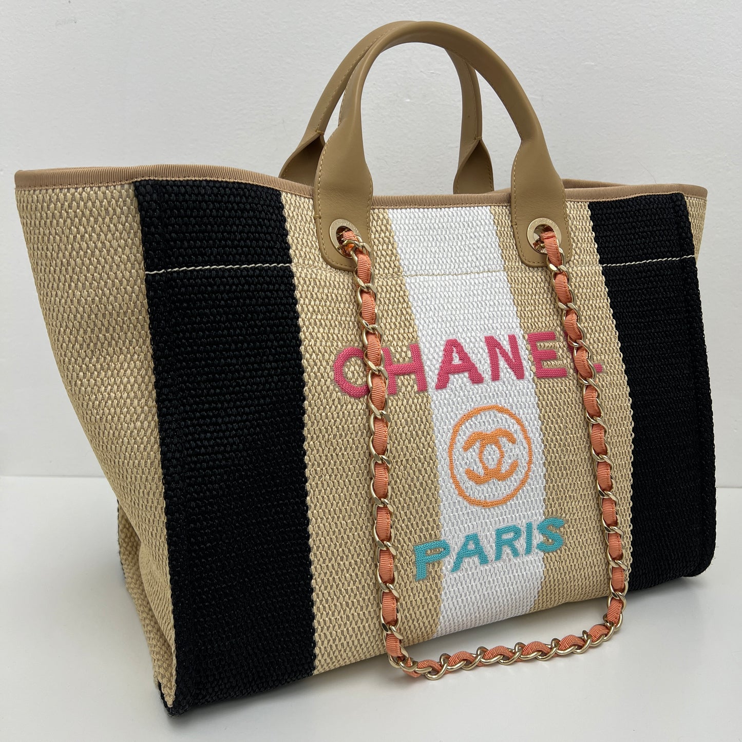Chanel Straw Raffia Striped Medium Deauville Tote Black Beige Ivory