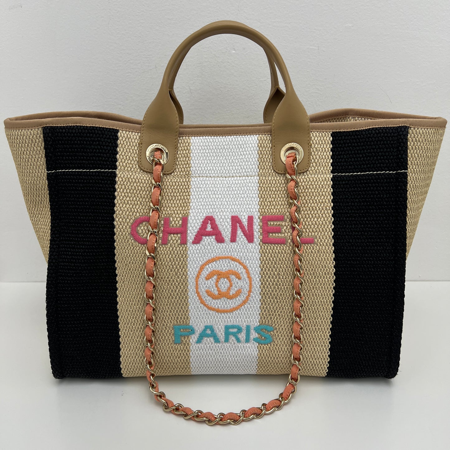Chanel Straw Raffia Striped Medium Deauville Tote Black Beige Ivory