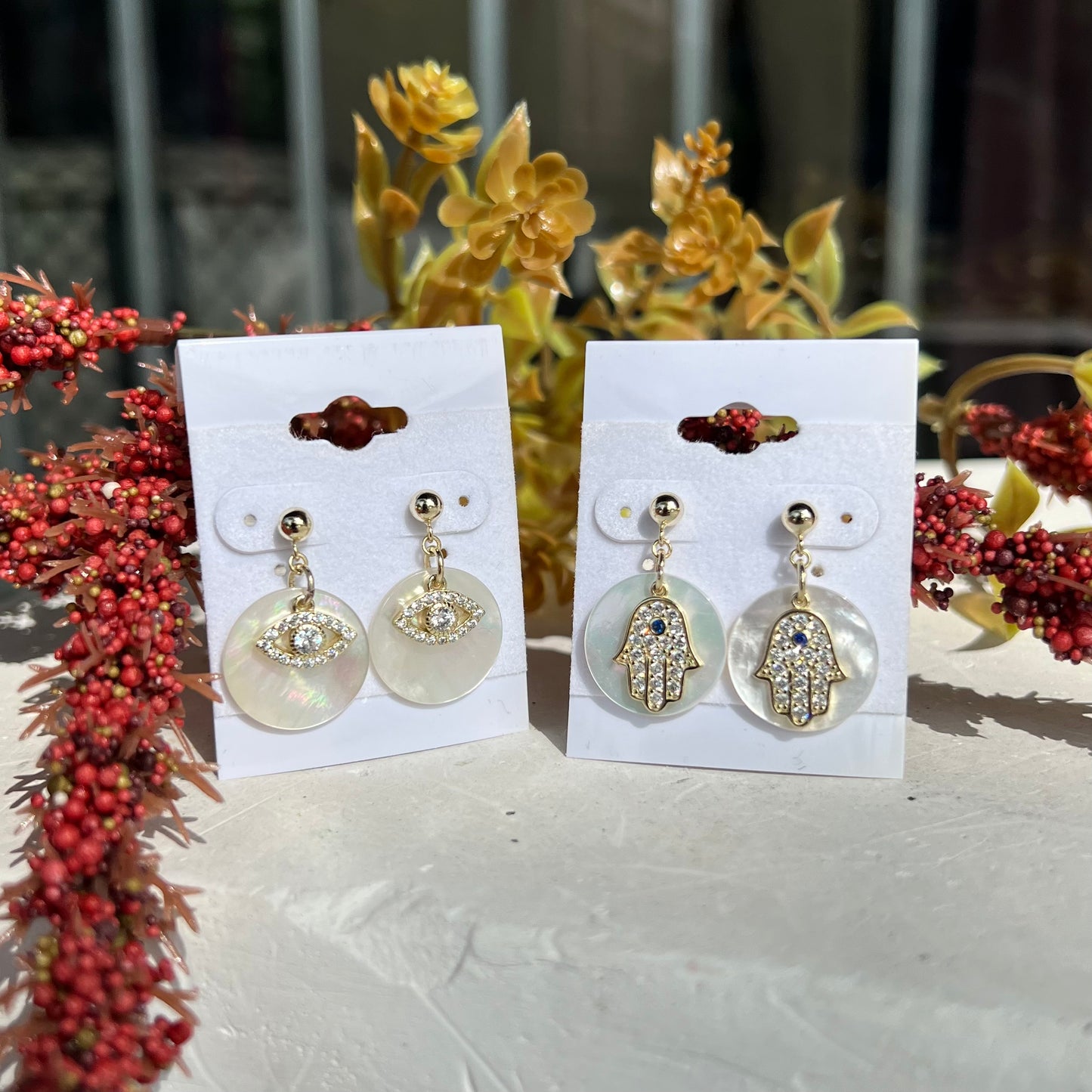 Gold Plated Drop Earrings, Hamsa/ Evil Eye
