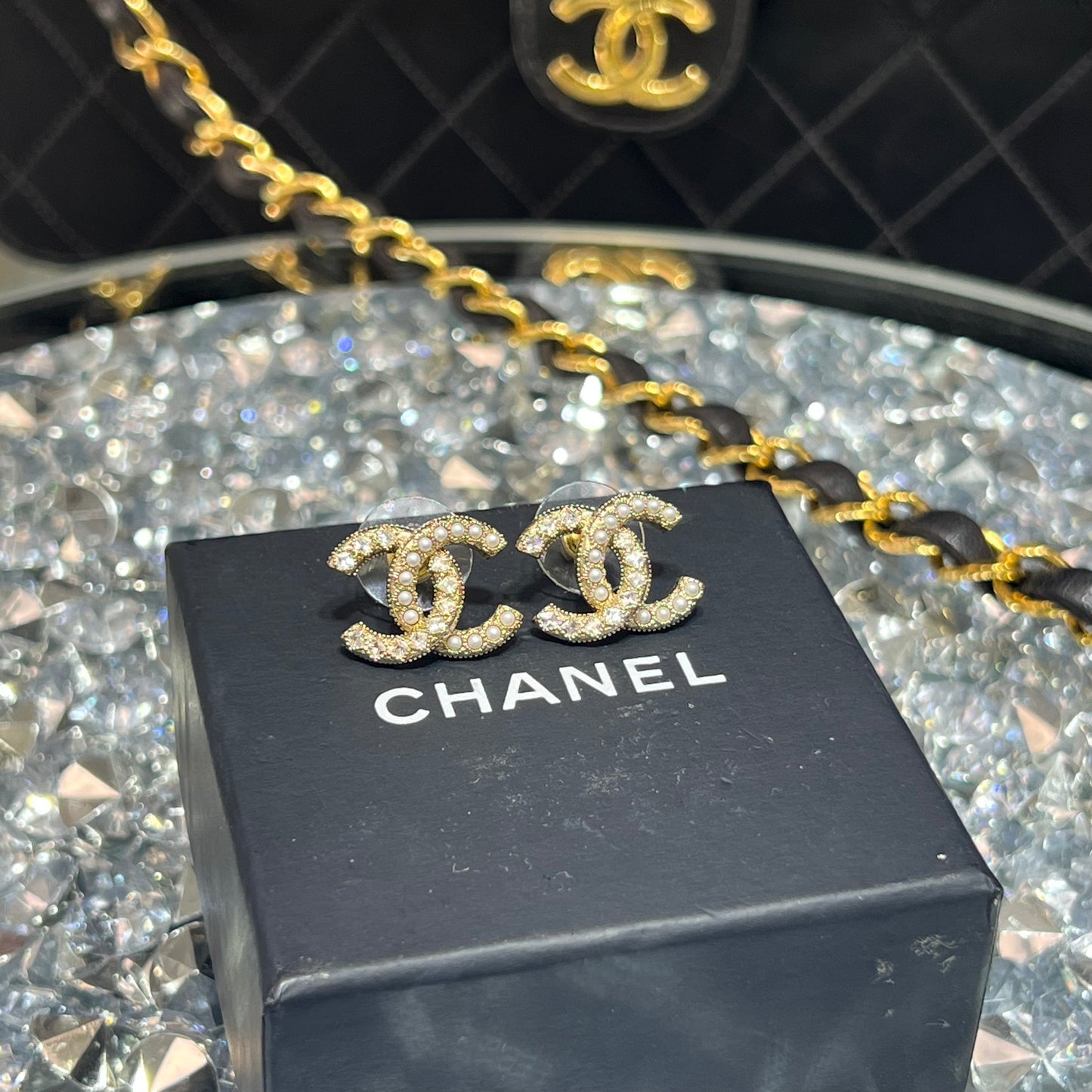 Chanel CC Pearl & Crystal Earrings with Box