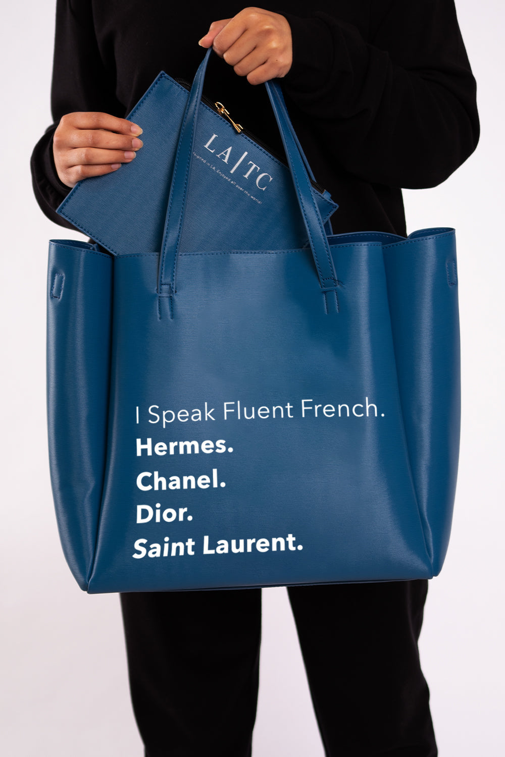 Vegan Leather Fashion Tote with Removable Pouch & Removable Crossbody Strap