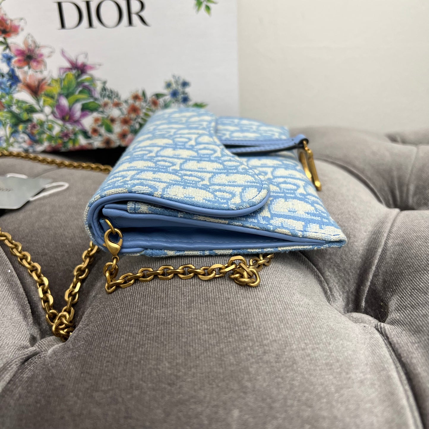 Christian Dior Oblique Saddle Chain Long Wallet Turquoise