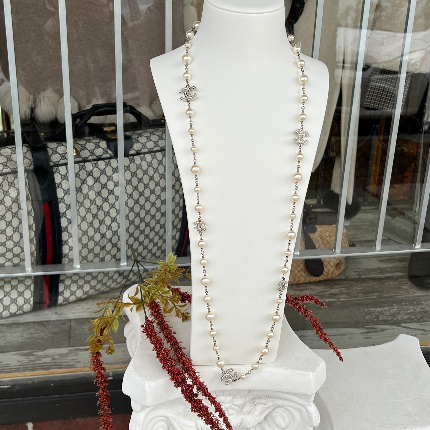 Chanel Pearl and Crystal CC 5 Station Long Necklace