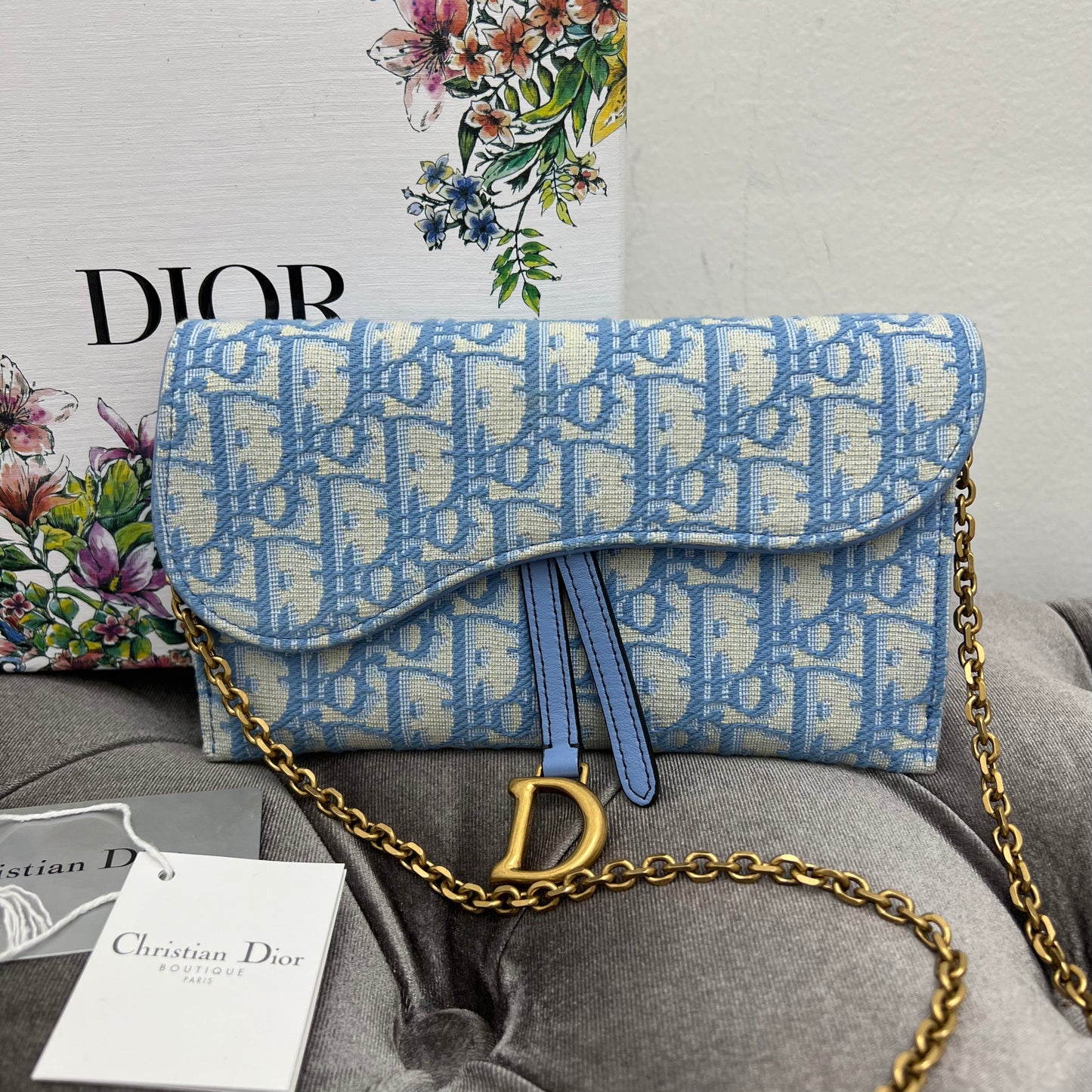 Christian Dior Oblique Saddle Chain Long Wallet Turquoise