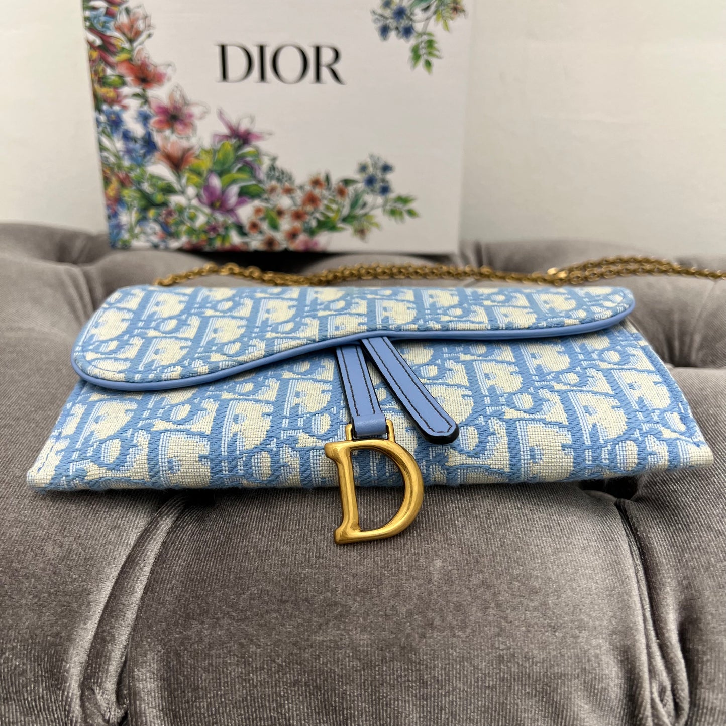 Christian Dior Oblique Saddle Chain Long Wallet Turquoise