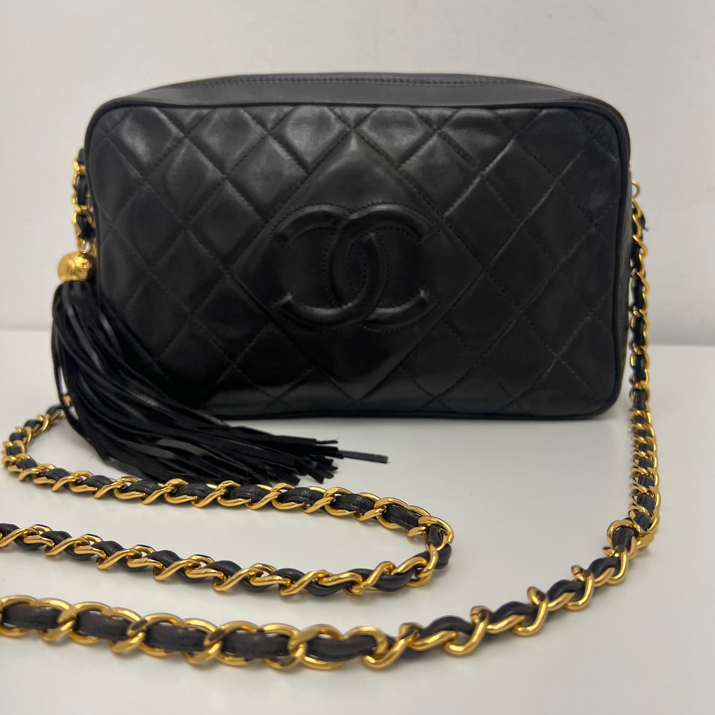Chanel Matelasse Fringe Coco Mark Camera Bag Black Gold