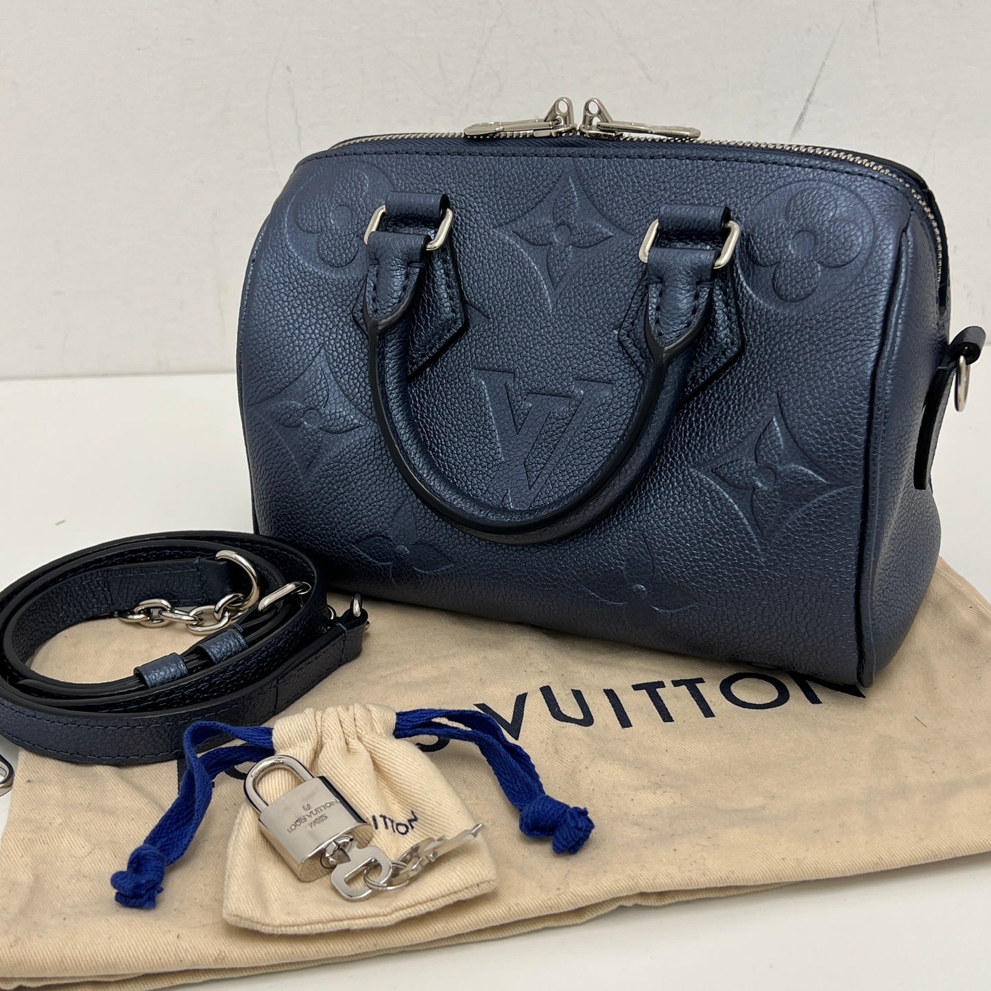 Louis Vuitton Metallic Empreinte Monogram Giant Speedy Bandouliere 20 Navy Nacre