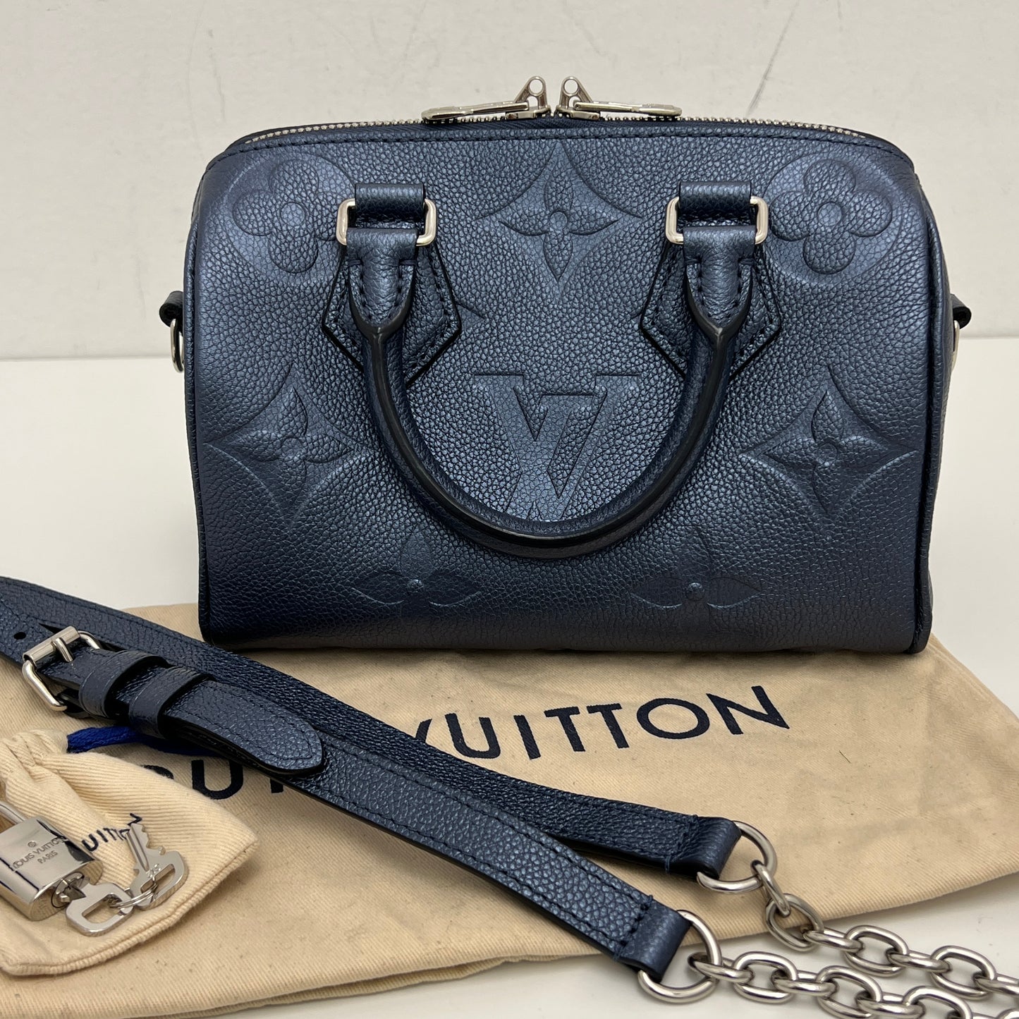 Louis Vuitton Metallic Empreinte Monogram Giant Speedy Bandouliere 20 Navy Nacre