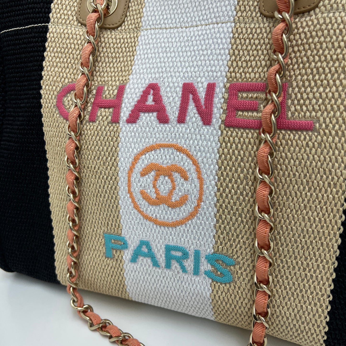 Chanel Straw Raffia Striped Medium Deauville Tote Black Beige Ivory