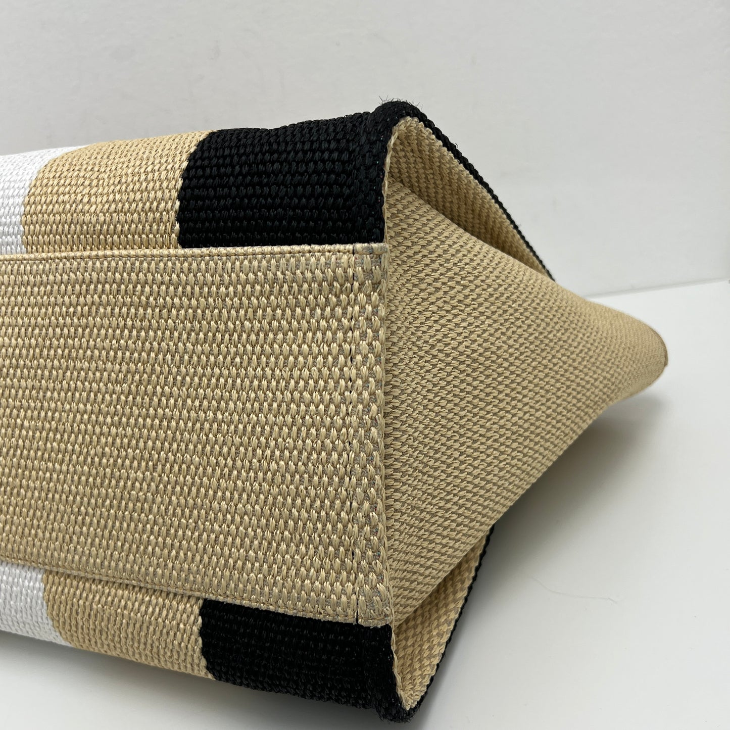 Chanel Straw Raffia Striped Medium Deauville Tote Black Beige Ivory
