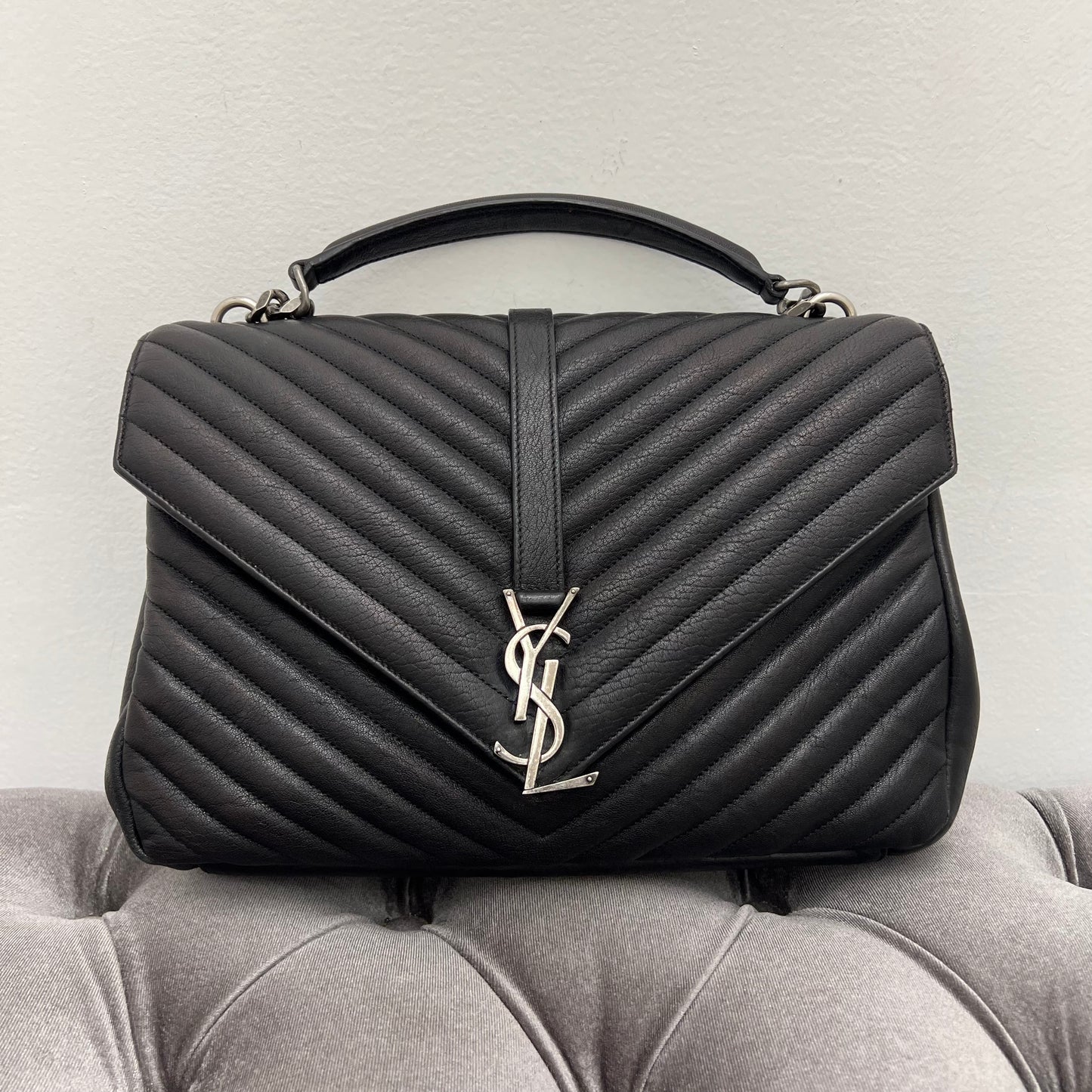 Saint Laurent College Medium YSL Quilted Lambskin V-Flap Crossbody Bag