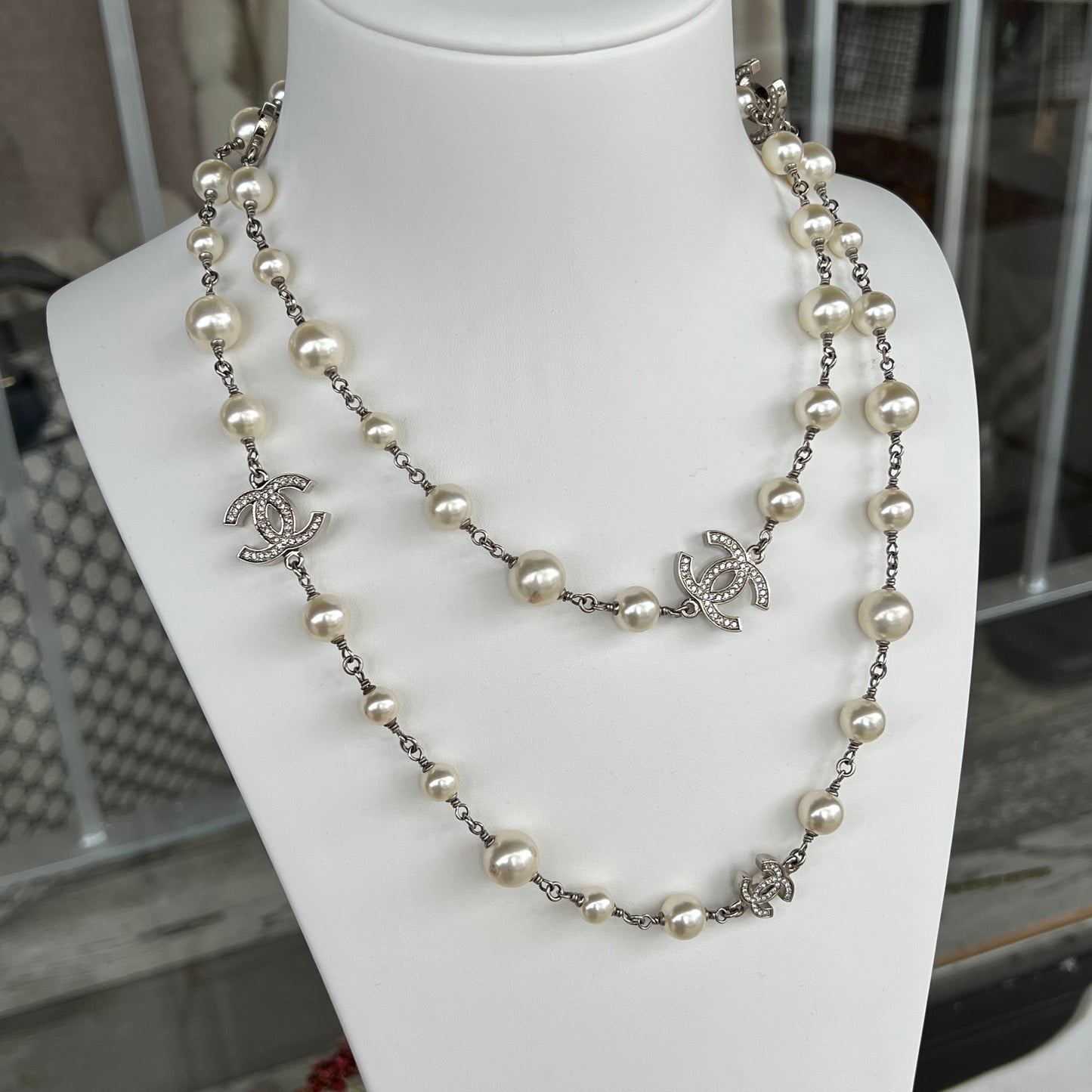 Chanel Pearl and Crystal CC 5 Station Long Necklace