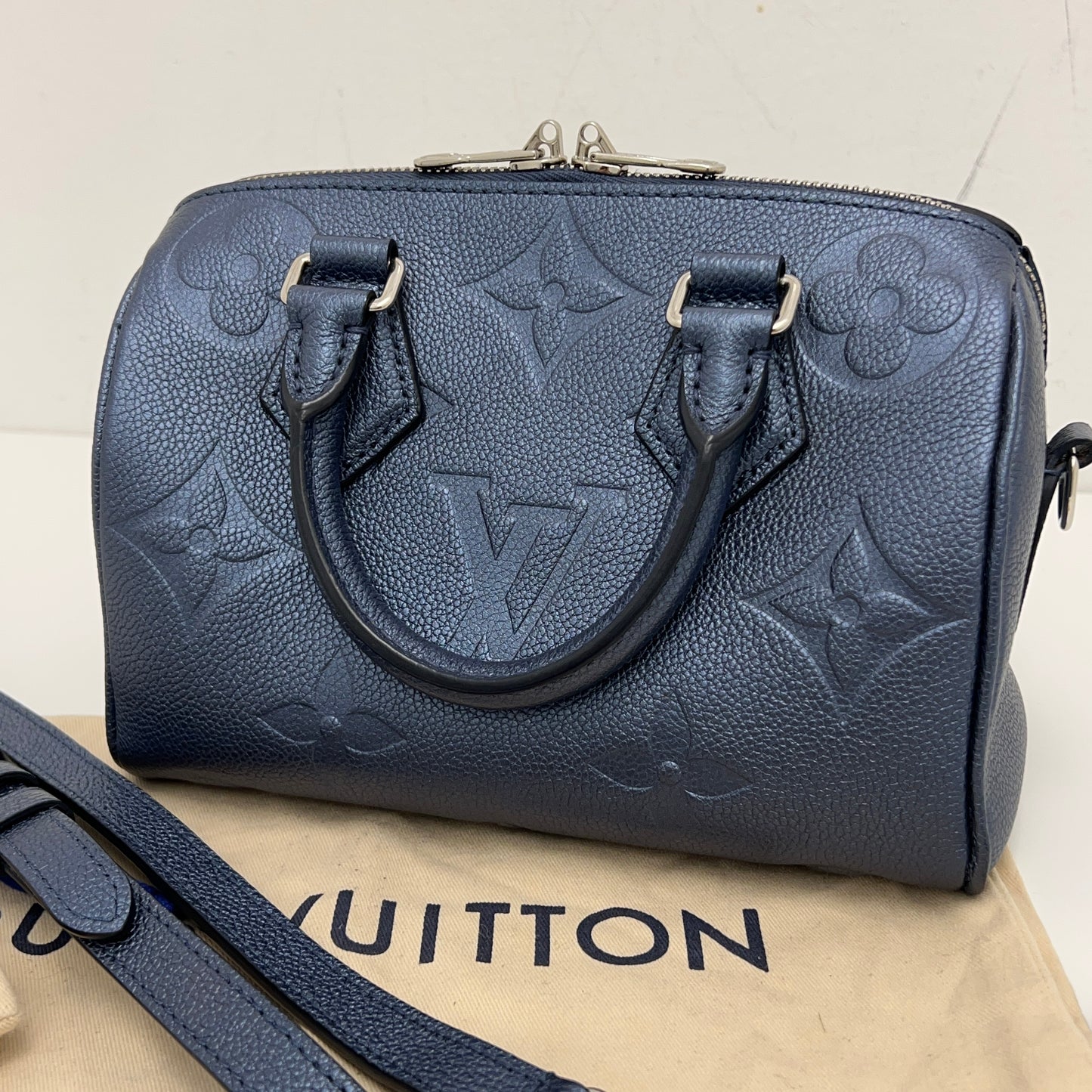 Louis Vuitton Metallic Empreinte Monogram Giant Speedy Bandouliere 20 Navy Nacre