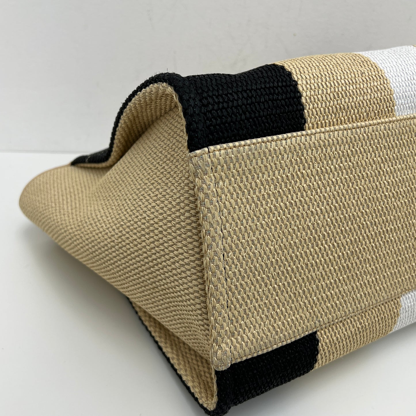 Chanel Straw Raffia Striped Medium Deauville Tote Black Beige Ivory