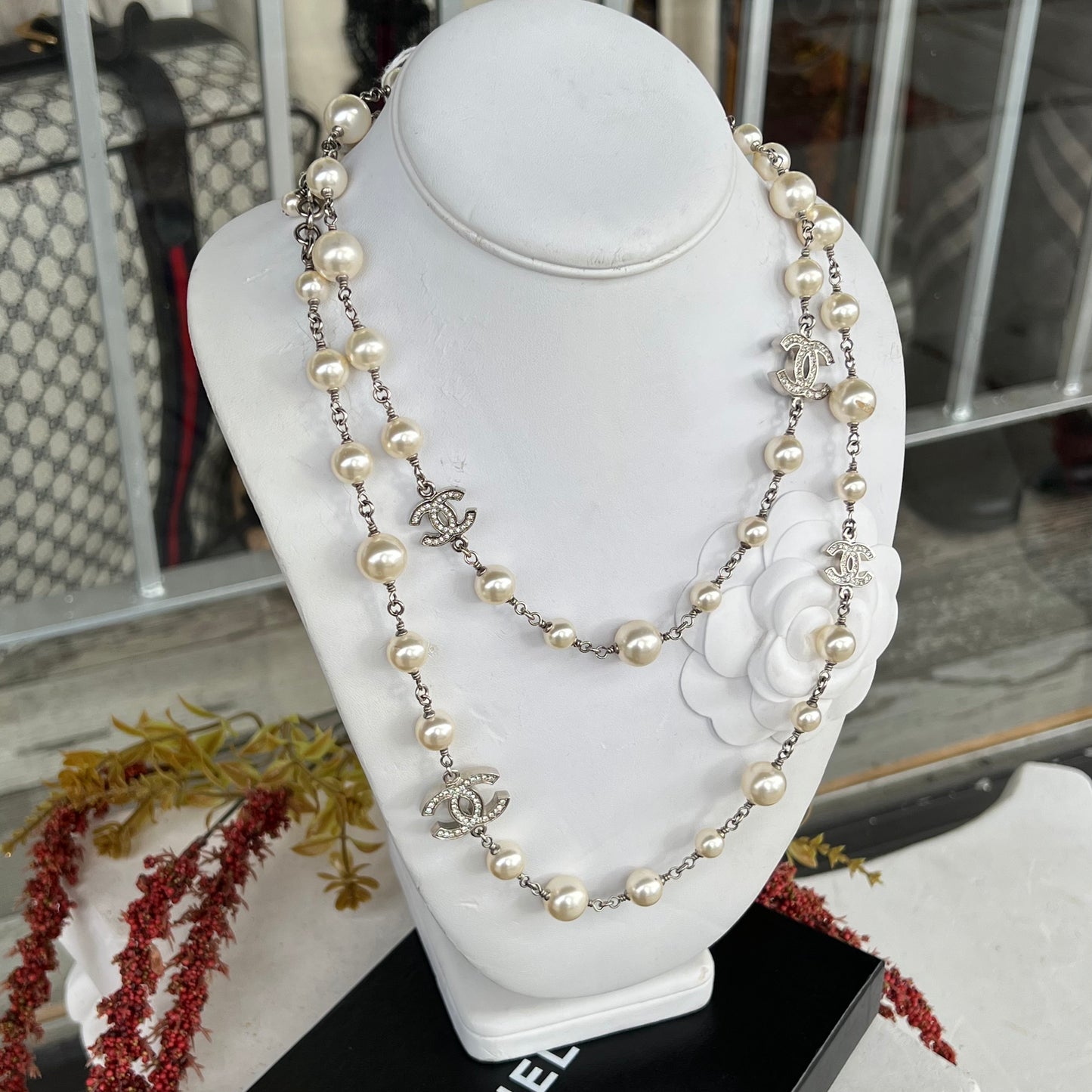 Chanel Pearl and Crystal CC 5 Station Long Necklace