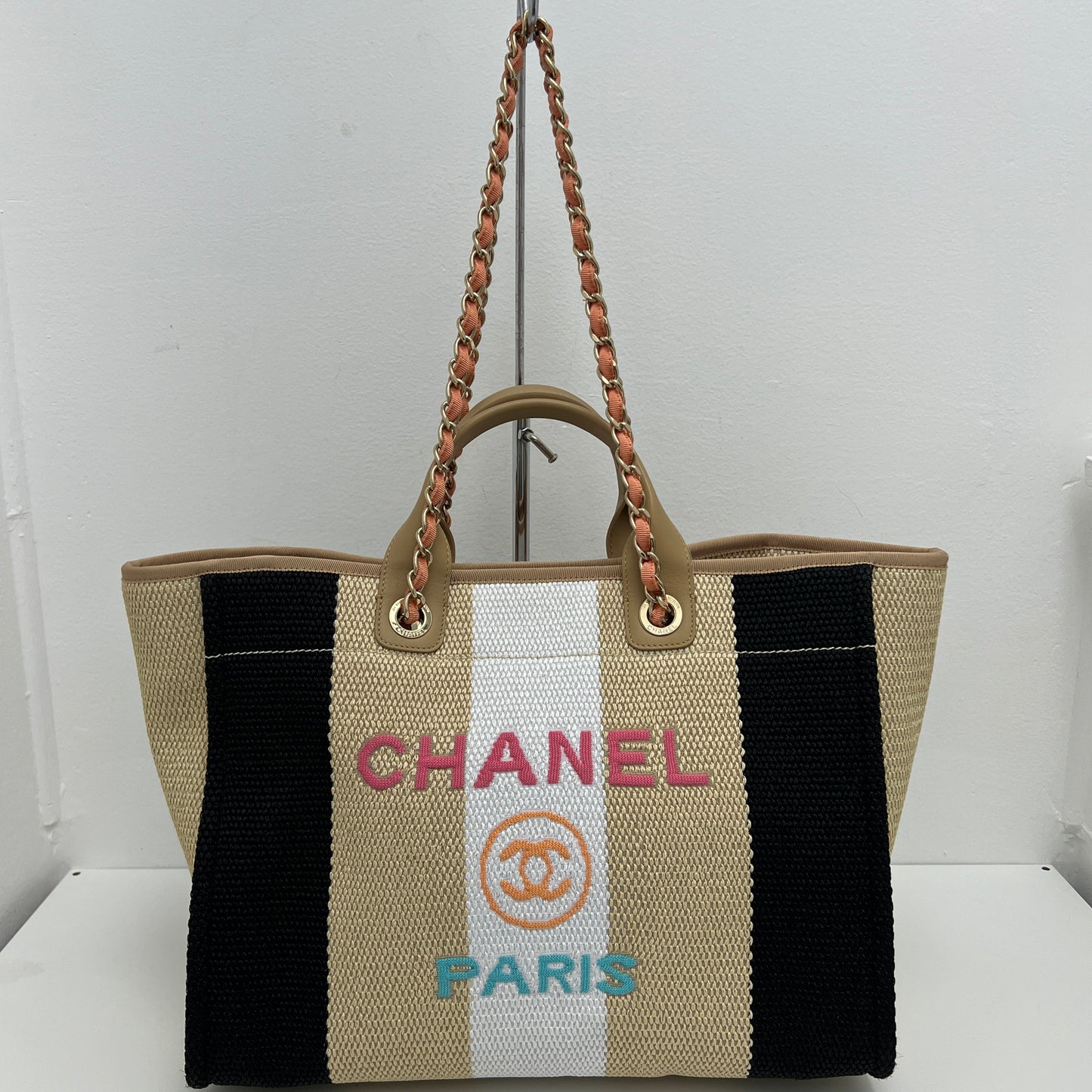 Chanel Straw Raffia Striped Medium Deauville Tote Black Beige Ivory
