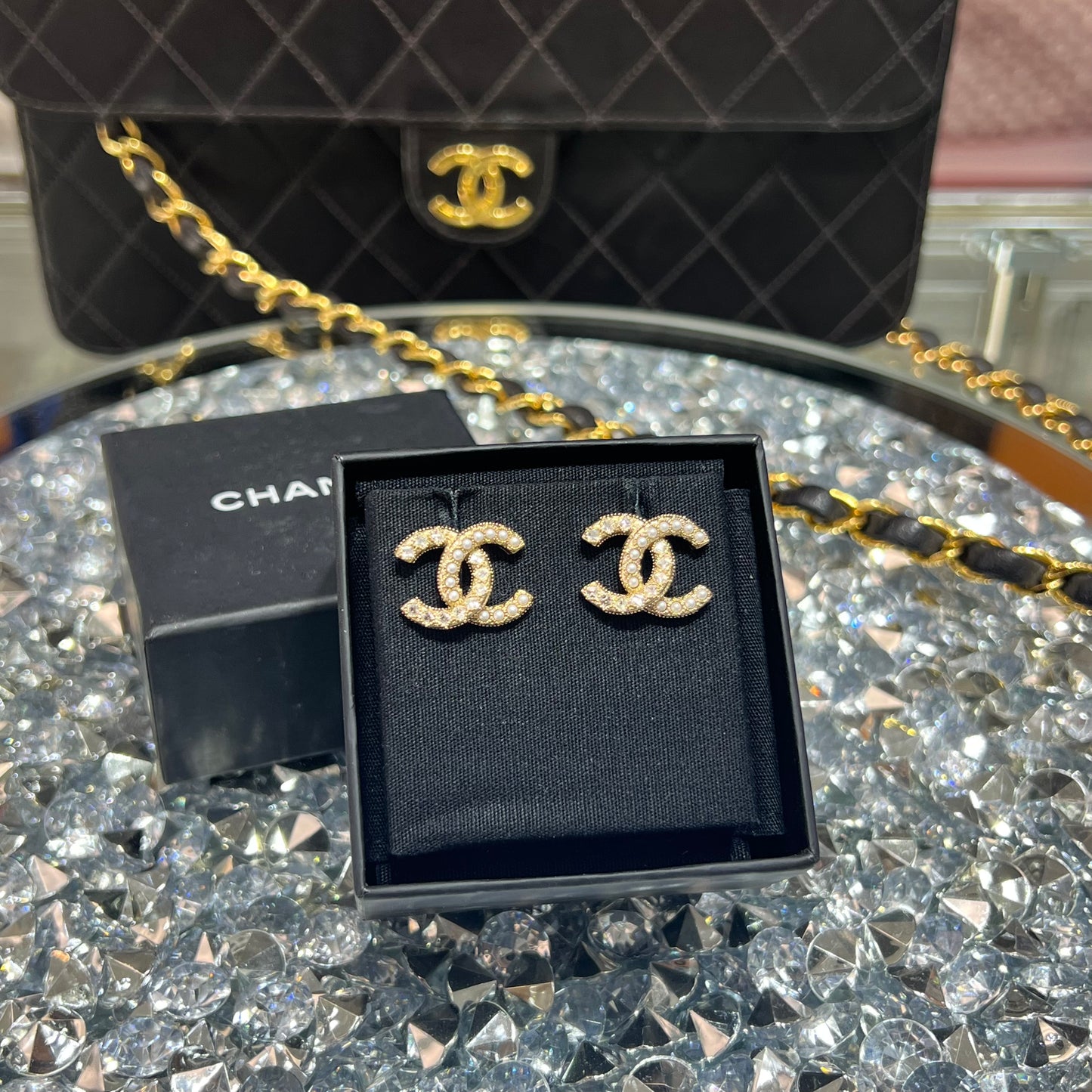 Chanel CC Pearl & Crystal Earrings with Box