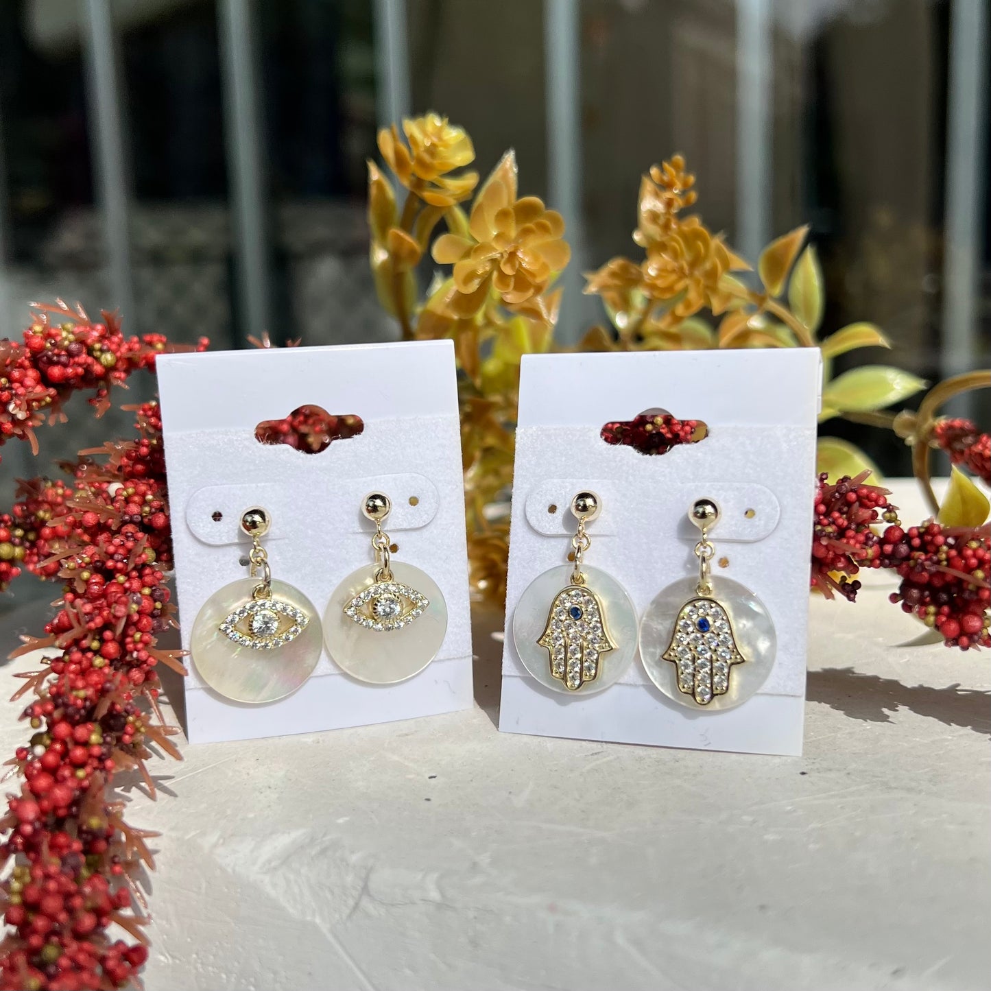 Gold Plated Drop Earrings, Hamsa/ Evil Eye