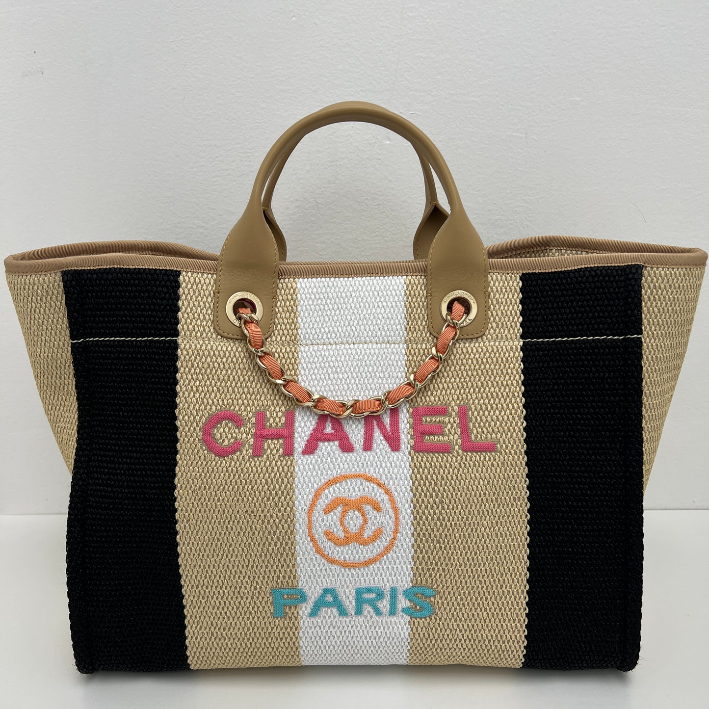 Chanel Straw Raffia Striped Medium Deauville Tote Black Beige Ivory