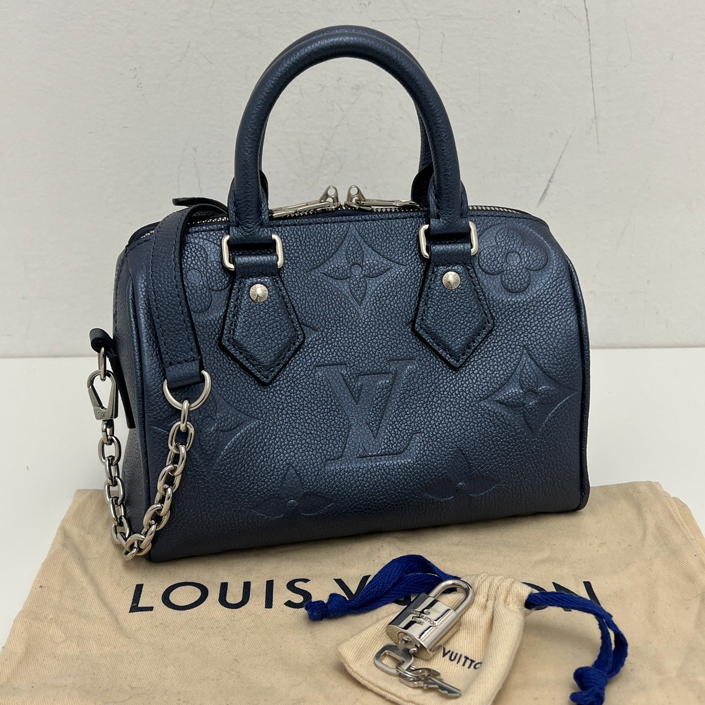 Louis Vuitton Metallic Empreinte Monogram Giant Speedy Bandouliere 20 Navy Nacre