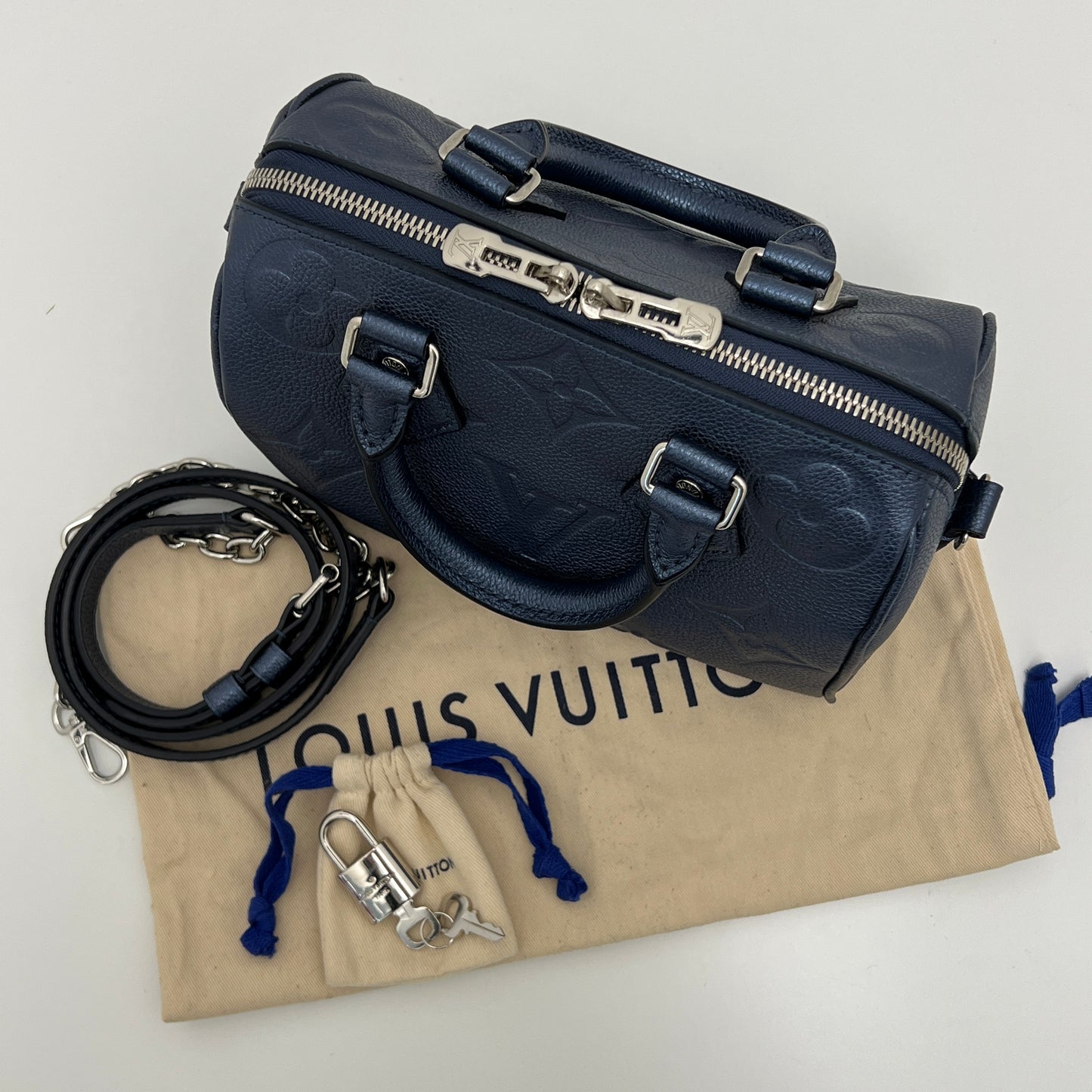 Louis Vuitton Metallic Empreinte Monogram Giant Speedy Bandouliere 20 Navy Nacre