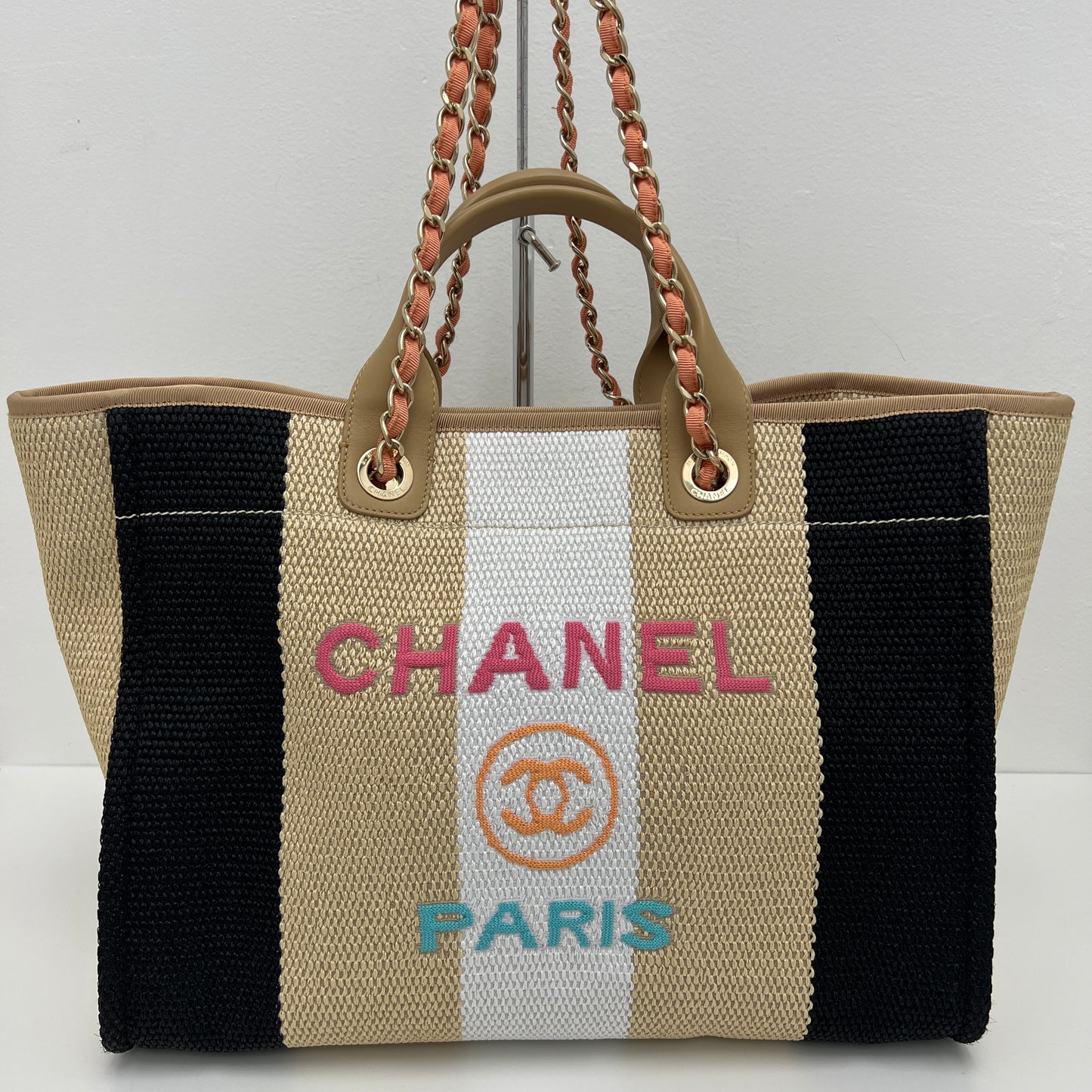 Chanel Straw Raffia Striped Medium Deauville Tote Black Beige Ivory
