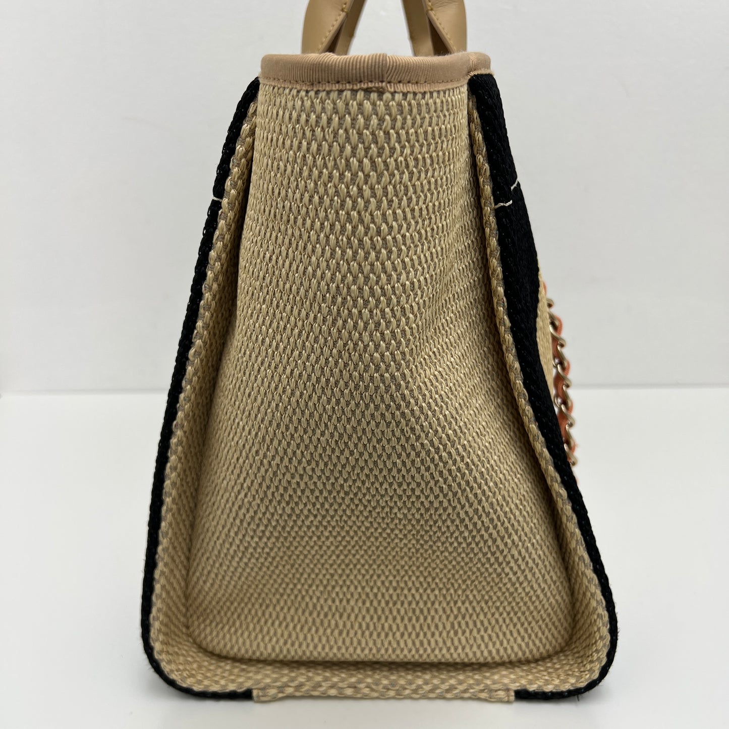 Chanel Straw Raffia Striped Medium Deauville Tote Black Beige Ivory