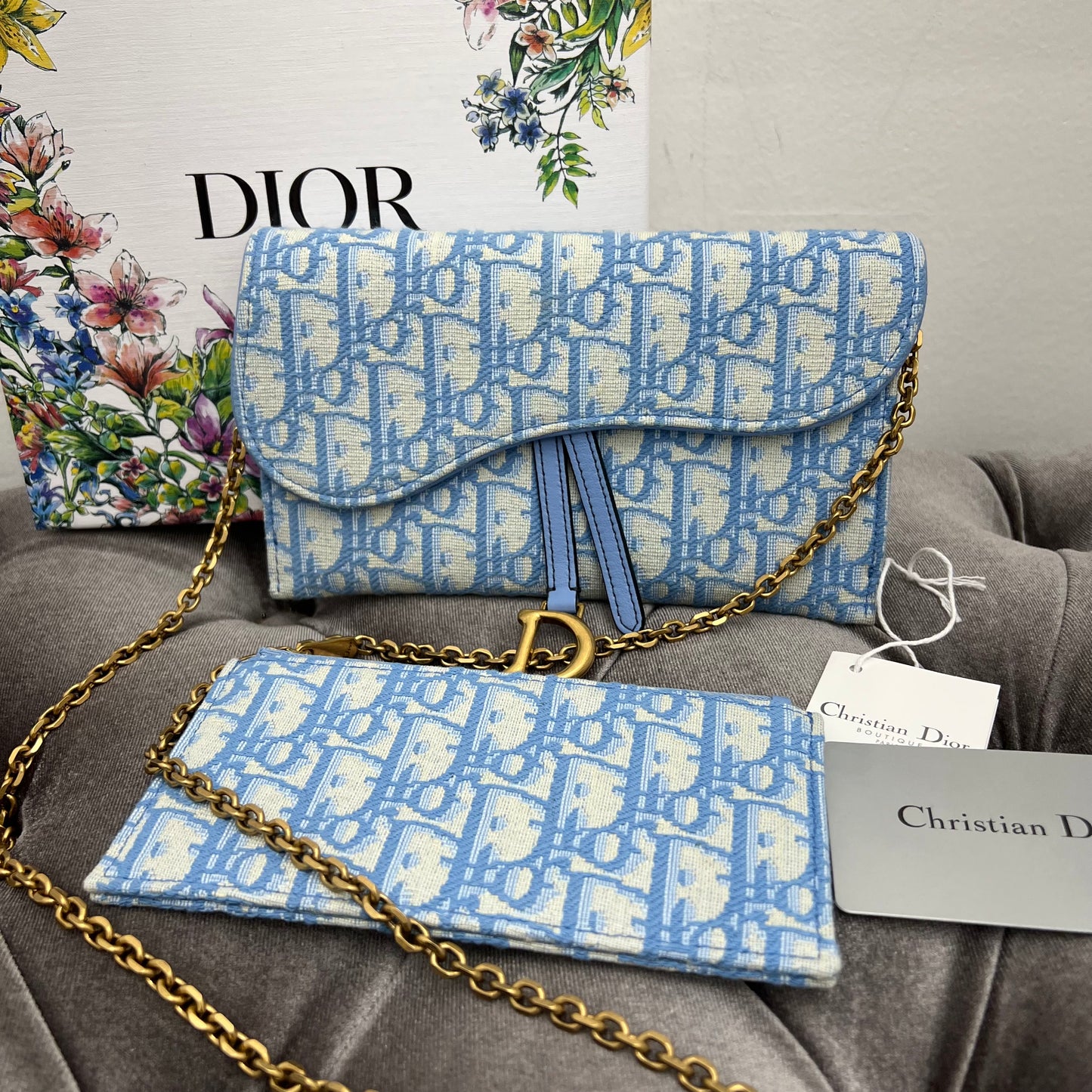 Christian Dior Oblique Saddle Chain Long Wallet Turquoise