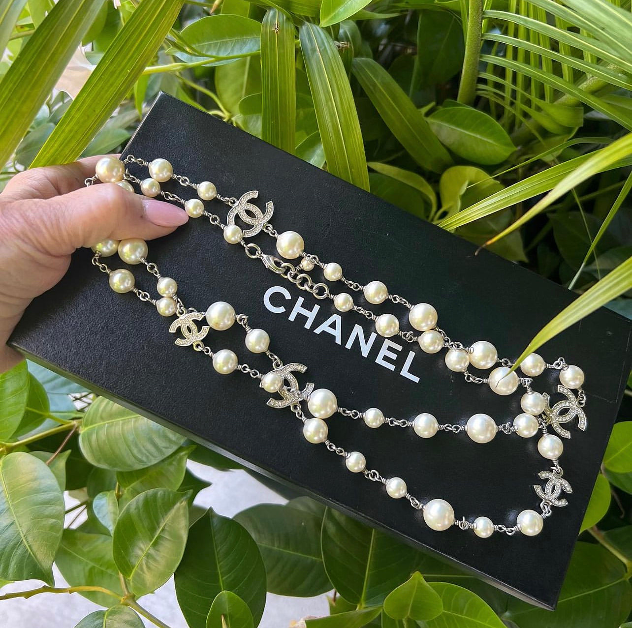 Chanel Pearl and Crystal CC 5 Station Long Necklace