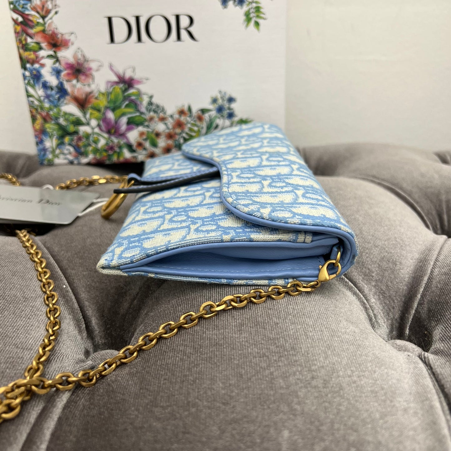 Christian Dior Oblique Saddle Chain Long Wallet Turquoise