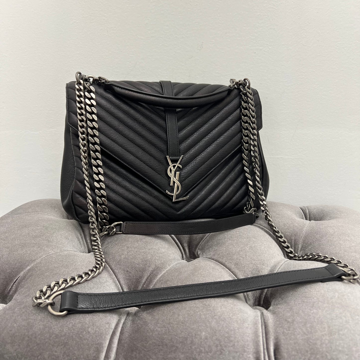 Saint Laurent College Medium YSL Quilted Lambskin V-Flap Crossbody Bag