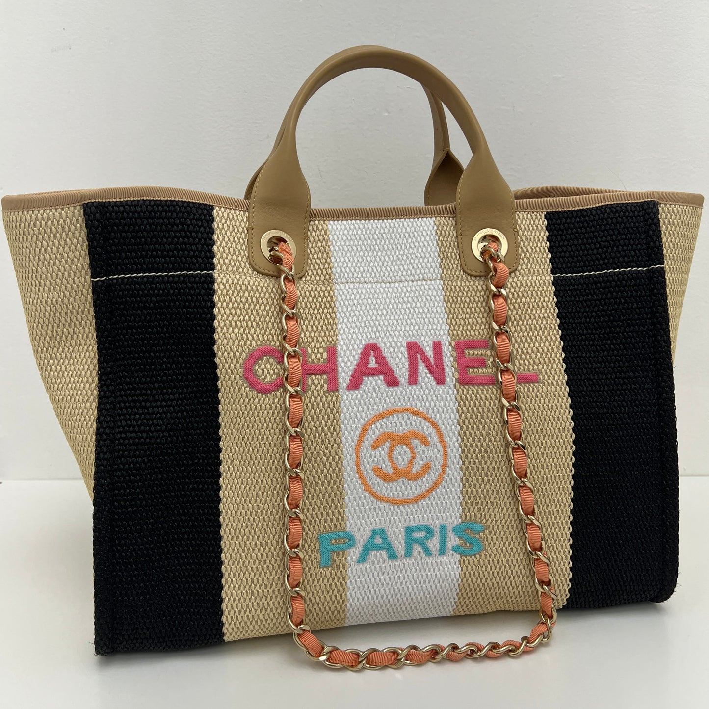 Chanel Straw Raffia Striped Medium Deauville Tote Black Beige Ivory
