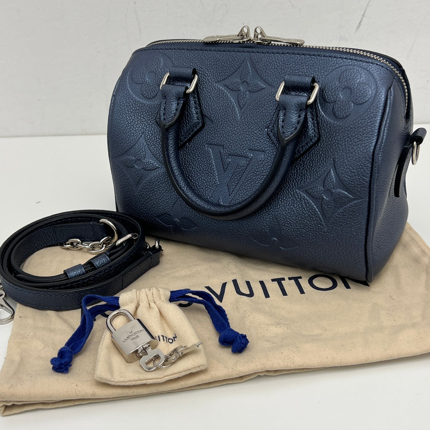Louis Vuitton Metallic Empreinte Monogram Giant Speedy Bandouliere 20 Navy Nacre