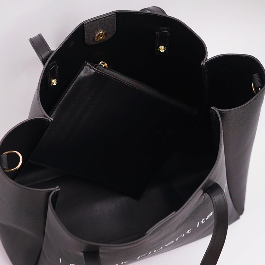 Vegan Leather Fashion Tote with Removable Pouch & Removable Crossbody Strap
