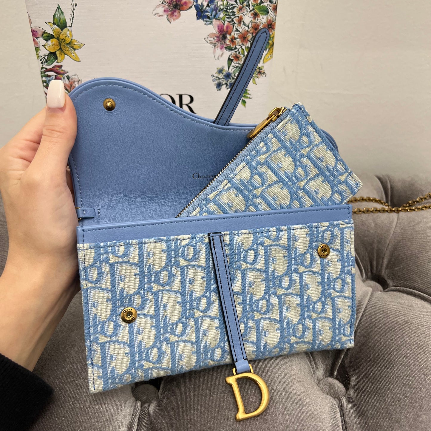 Christian Dior Oblique Saddle Chain Long Wallet Turquoise