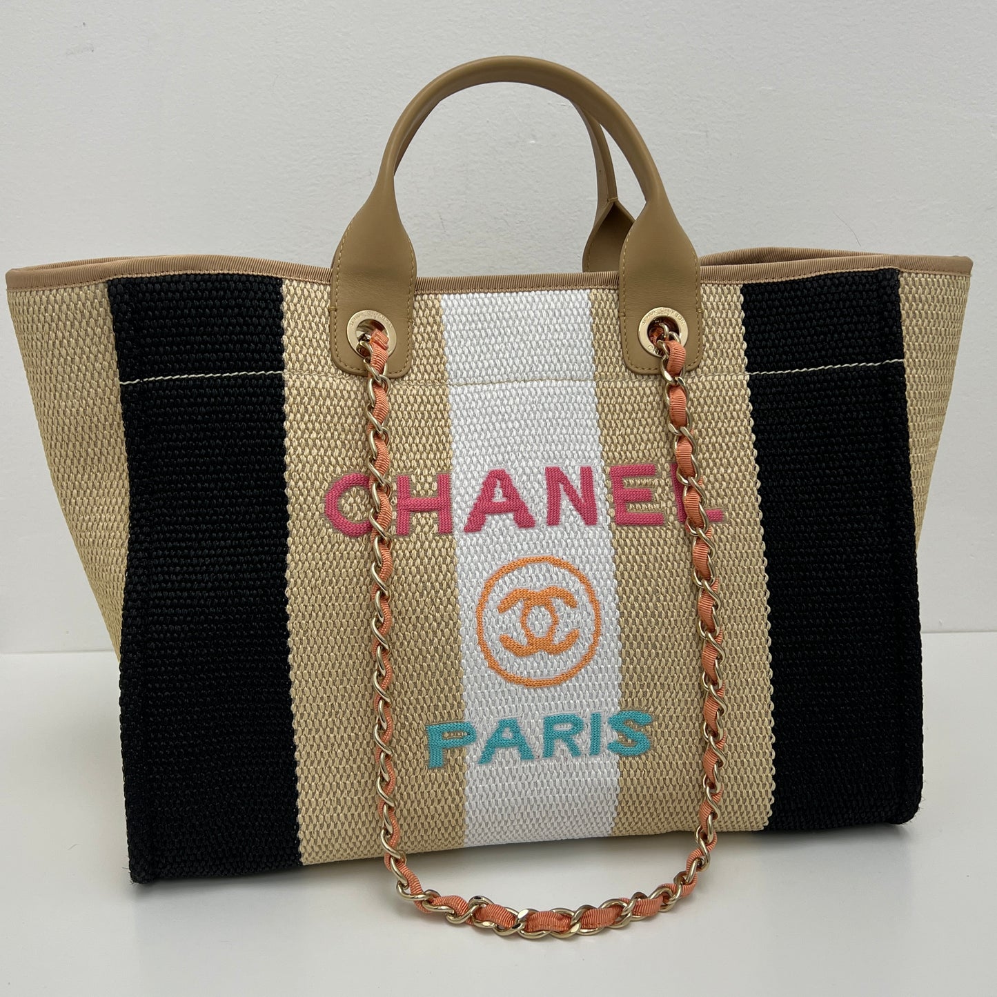 Chanel Straw Raffia Striped Medium Deauville Tote Black Beige Ivory