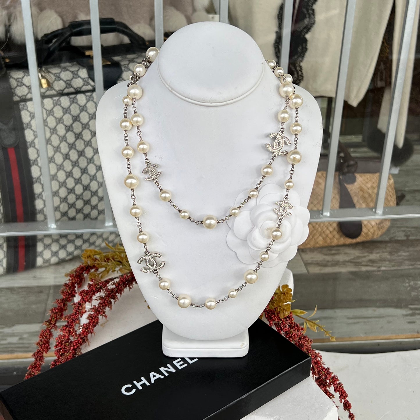 Chanel Pearl and Crystal CC 5 Station Long Necklace