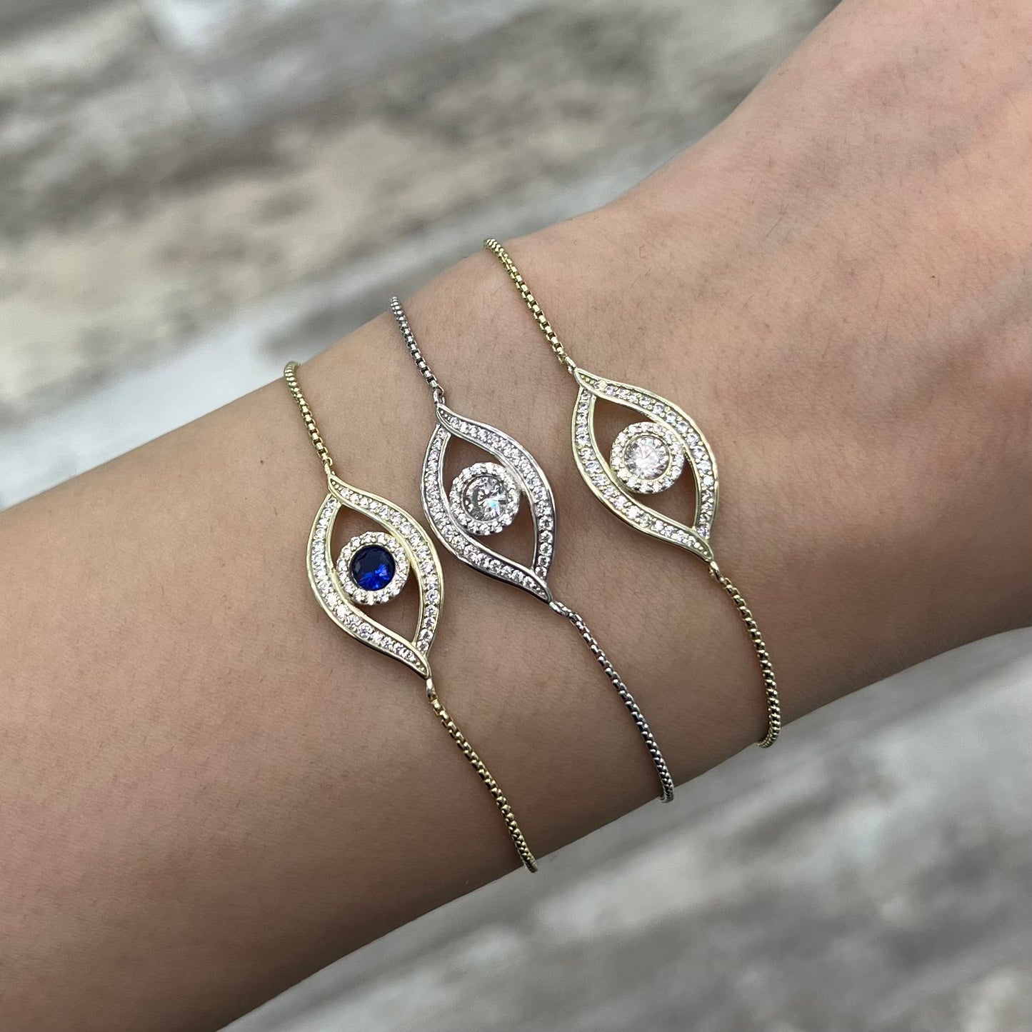 Sterling Silver / Gold Plated Crystal Evil Eye Adjustable Bracelet