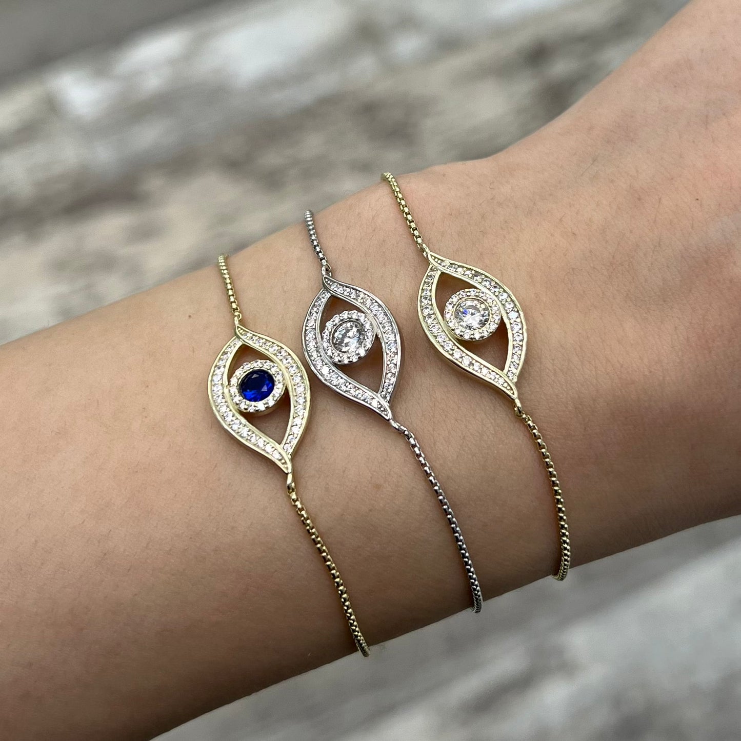 Sterling Silver / Gold Plated Crystal Evil Eye Adjustable Bracelet