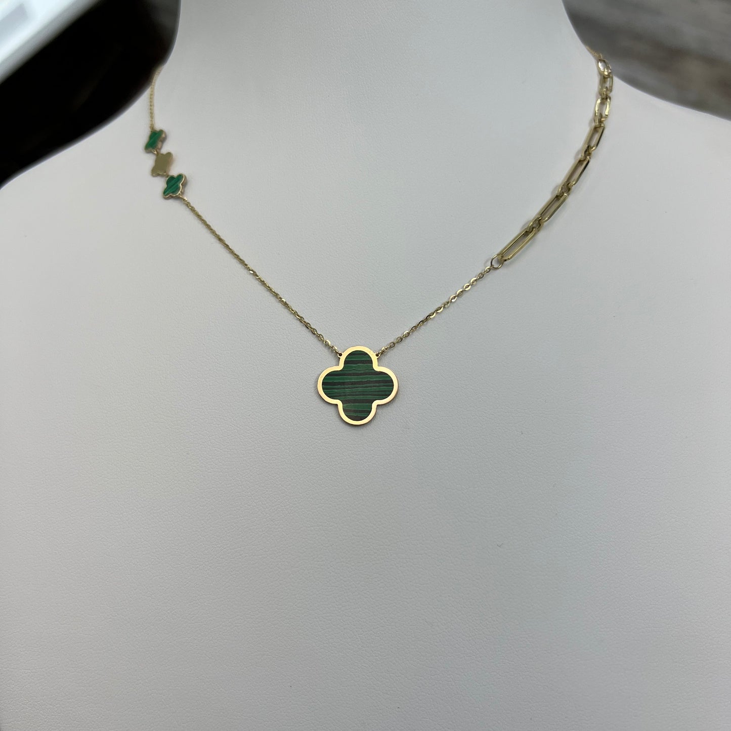 14k Gold Clover Station Necklace, Green