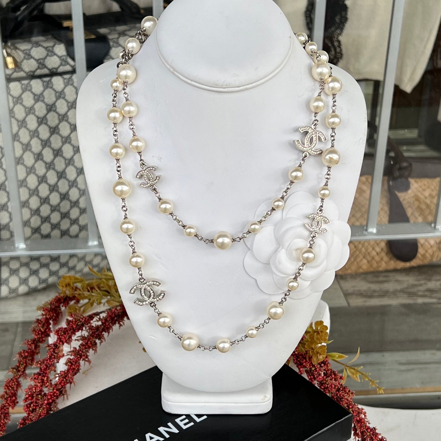 Chanel Pearl and Crystal CC 5 Station Long Necklace