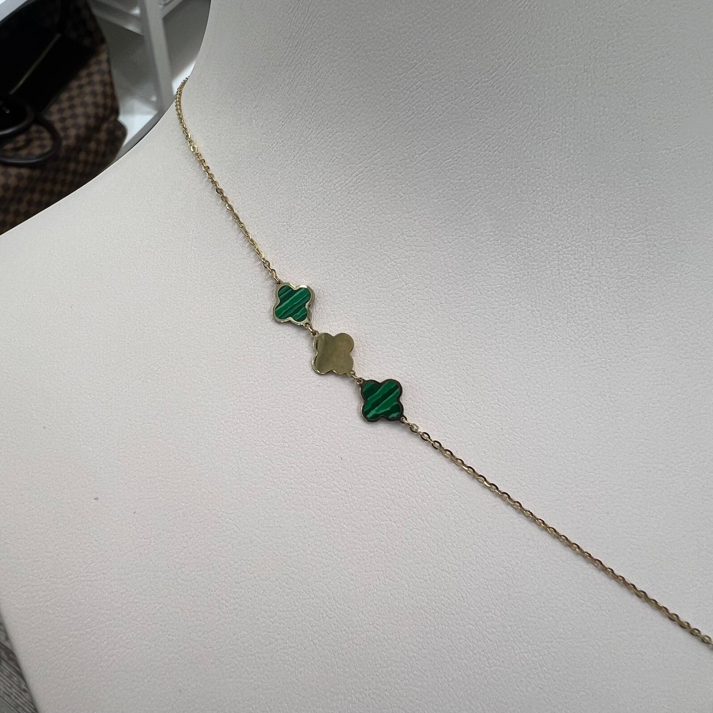 14k Gold Clover Station Necklace, Green